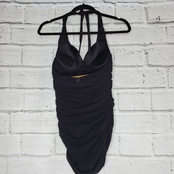 Natori Black one piece Ruched plunge Bathing Suit size 8 b/c halter top - Picture 9 of 10